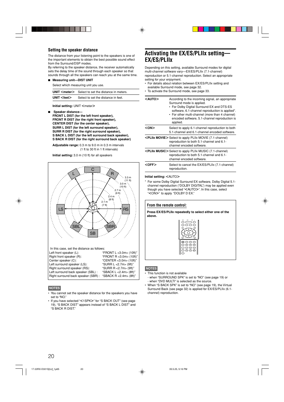 Activating the ex/es/pliix setting— ex/es/pliix, Setting the speaker distance | JVC LVT1321-010C User Manual | Page 22 / 45