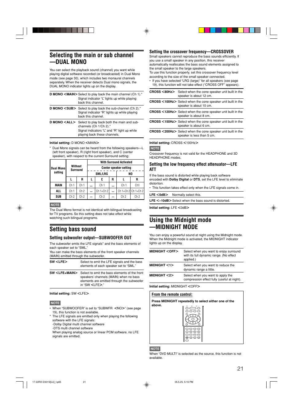 Selecting the main or sub channel —dual mono, Using the midnight mode —midnight mode, Setting bass sound | JVC LVT1321-010C User Manual | Page 23 / 45