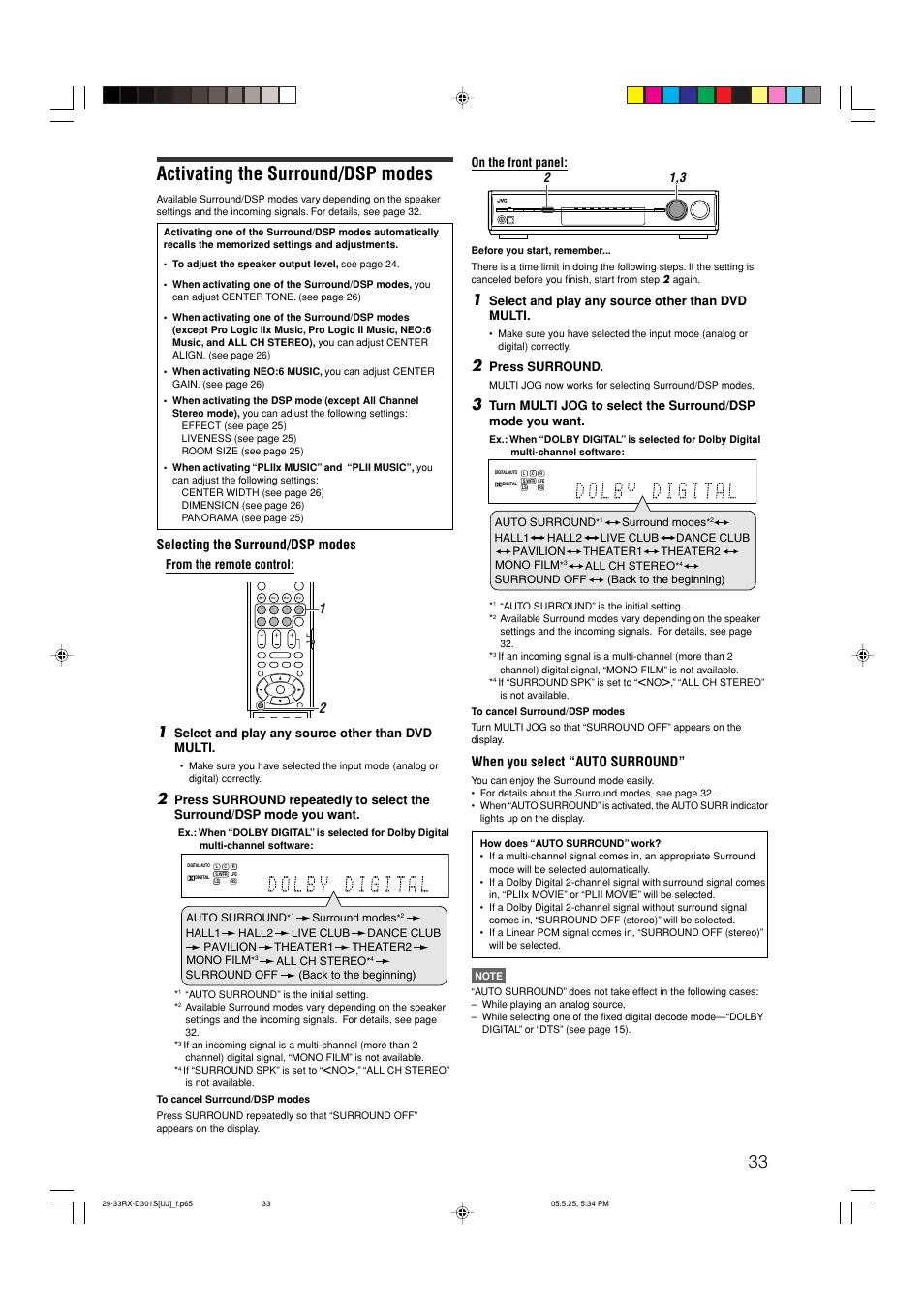 Activating the surround/dsp modes, When you select “auto surround, Selecting the surround/dsp modes | JVC LVT1321-010C User Manual | Page 35 / 45