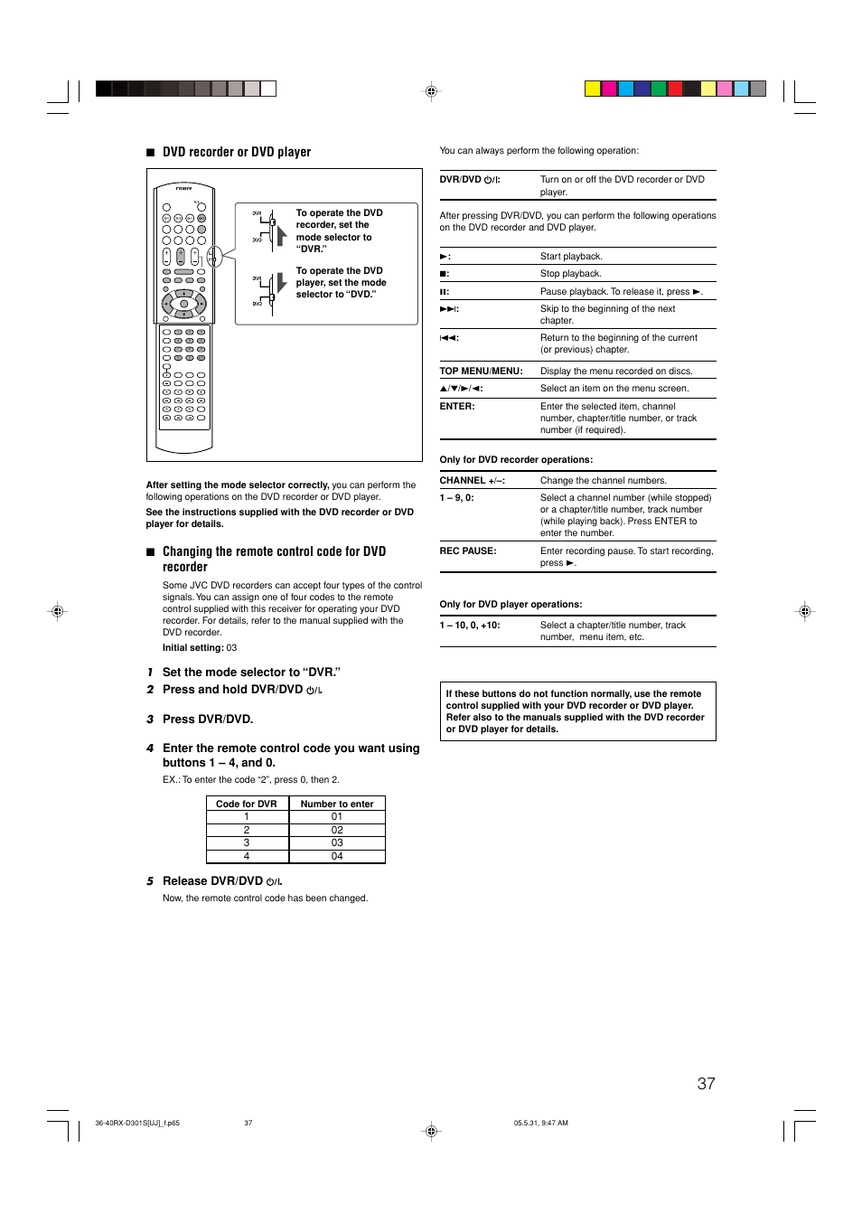 7 dvd recorder or dvd player, Set the mode selector to “dvr, Press and hold dvr/dvd | Press dvr/dvd, Release dvr/dvd | JVC LVT1321-010C User Manual | Page 39 / 45