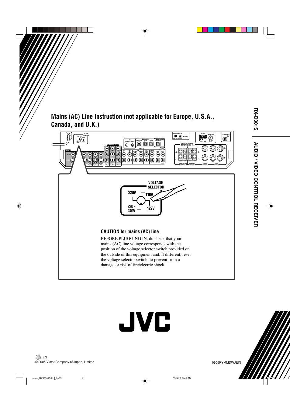 Caution for mains (ac) line, Audio / video control receiver rx-d301s, Voltage selector | JVC LVT1321-010C User Manual | Page 45 / 45