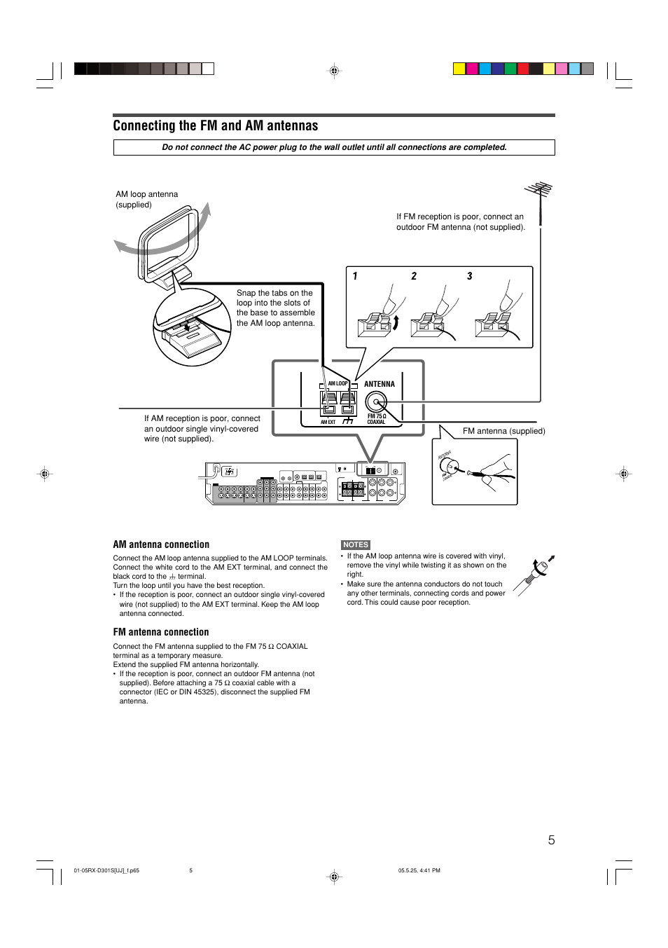 Connecting the fm and am antennas, Am antenna connection, Fm antenna connection | JVC LVT1321-010C User Manual | Page 7 / 45