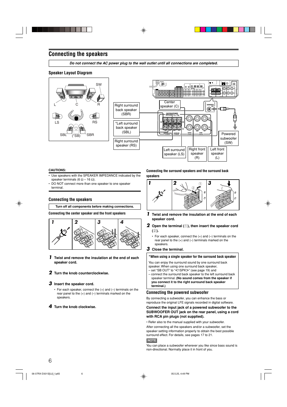 Connecting the speakers, Speaker layout diagram, Connecting the powered subwoofer | JVC LVT1321-010C User Manual | Page 8 / 45