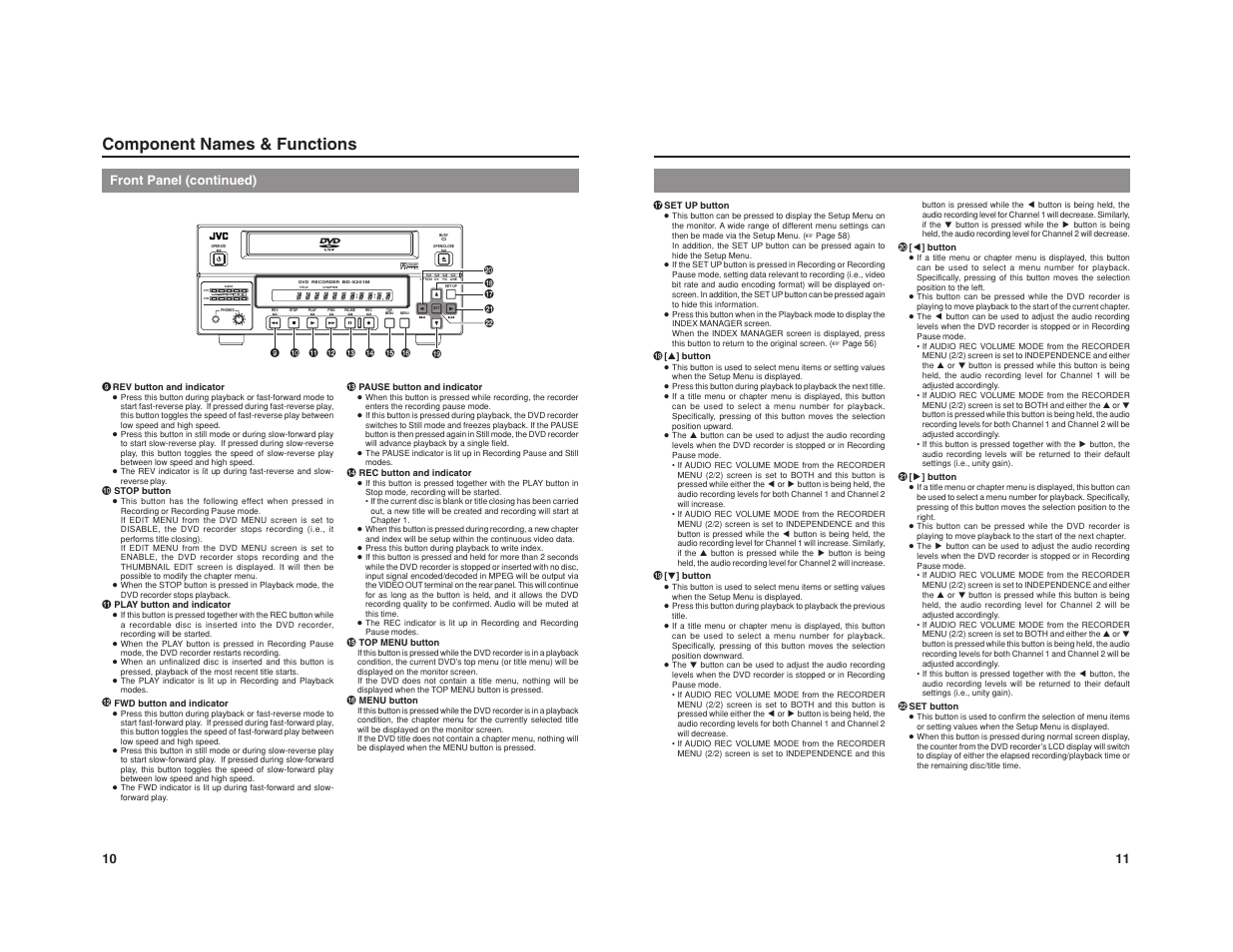 Component names & functions, Front panel (continued) | JVC BD-X201M User Manual | Page 11 / 45