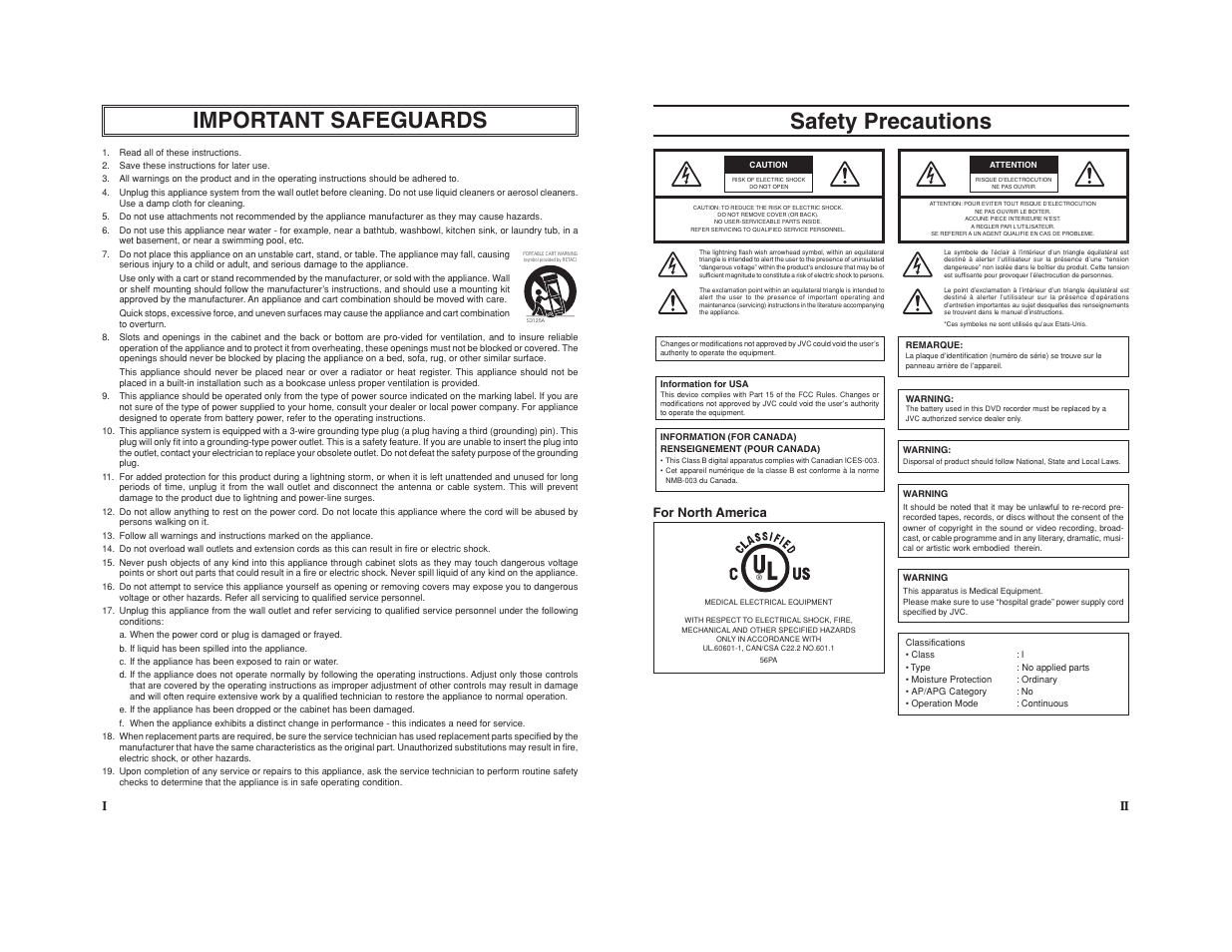 Important safeguards, Safety precautions, For north america | JVC BD-X201M User Manual | Page 2 / 45