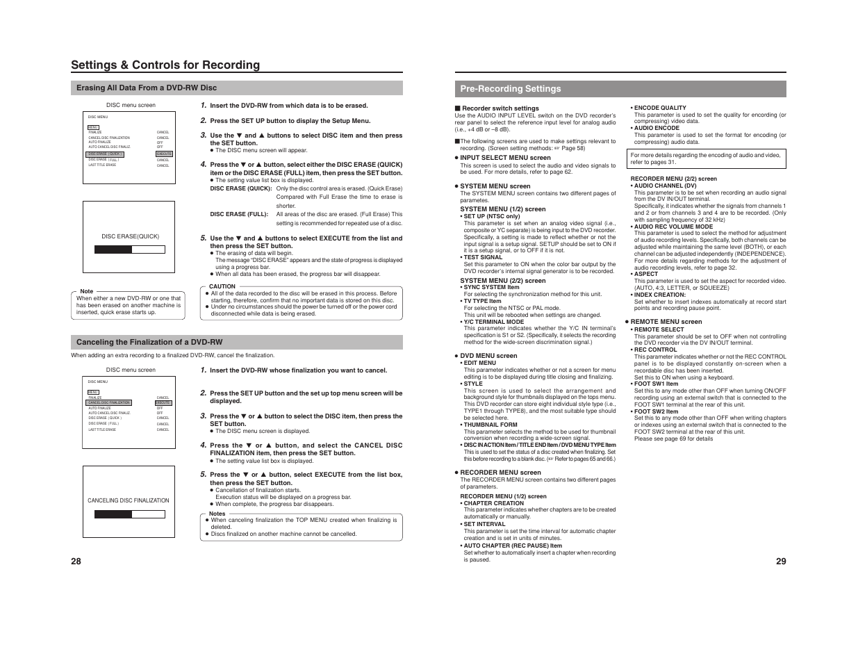 Settings & controls for recording, 29 pre-recording settings | JVC BD-X201M User Manual | Page 20 / 45