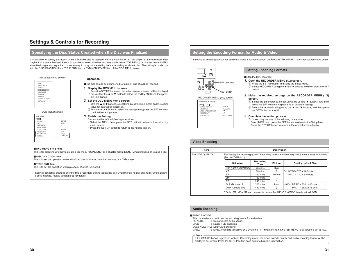 Option dv y/c line, Settings & controls for recording, 31 setting the encoding format for audio & video | JVC BD-X201M User Manual | Page 21 / 45