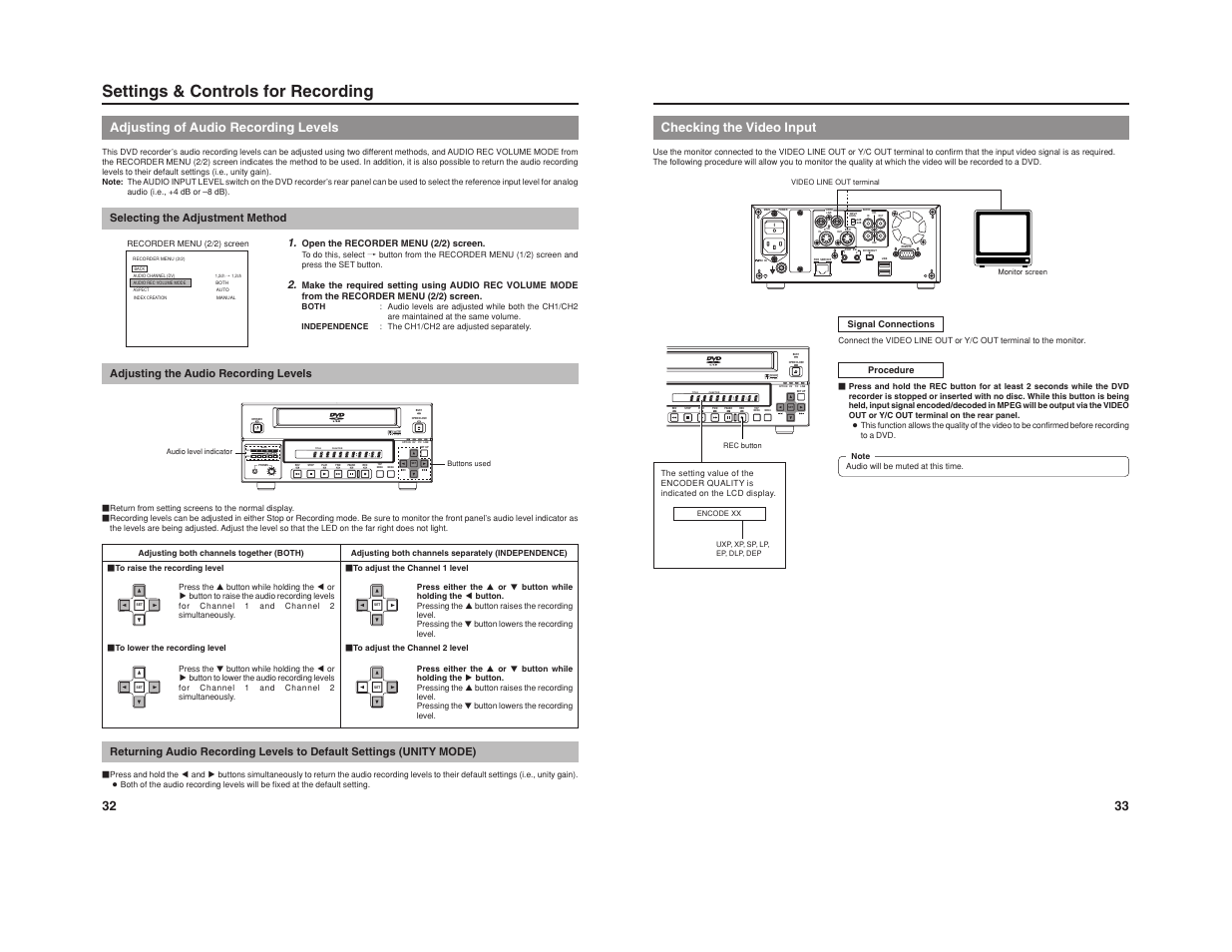 Option dv y/c line, Title dolby digital lpcm mpeg chapter, Settings & controls for recording | Adjusting of audio recording levels, 33 checking the video input | JVC BD-X201M User Manual | Page 22 / 45