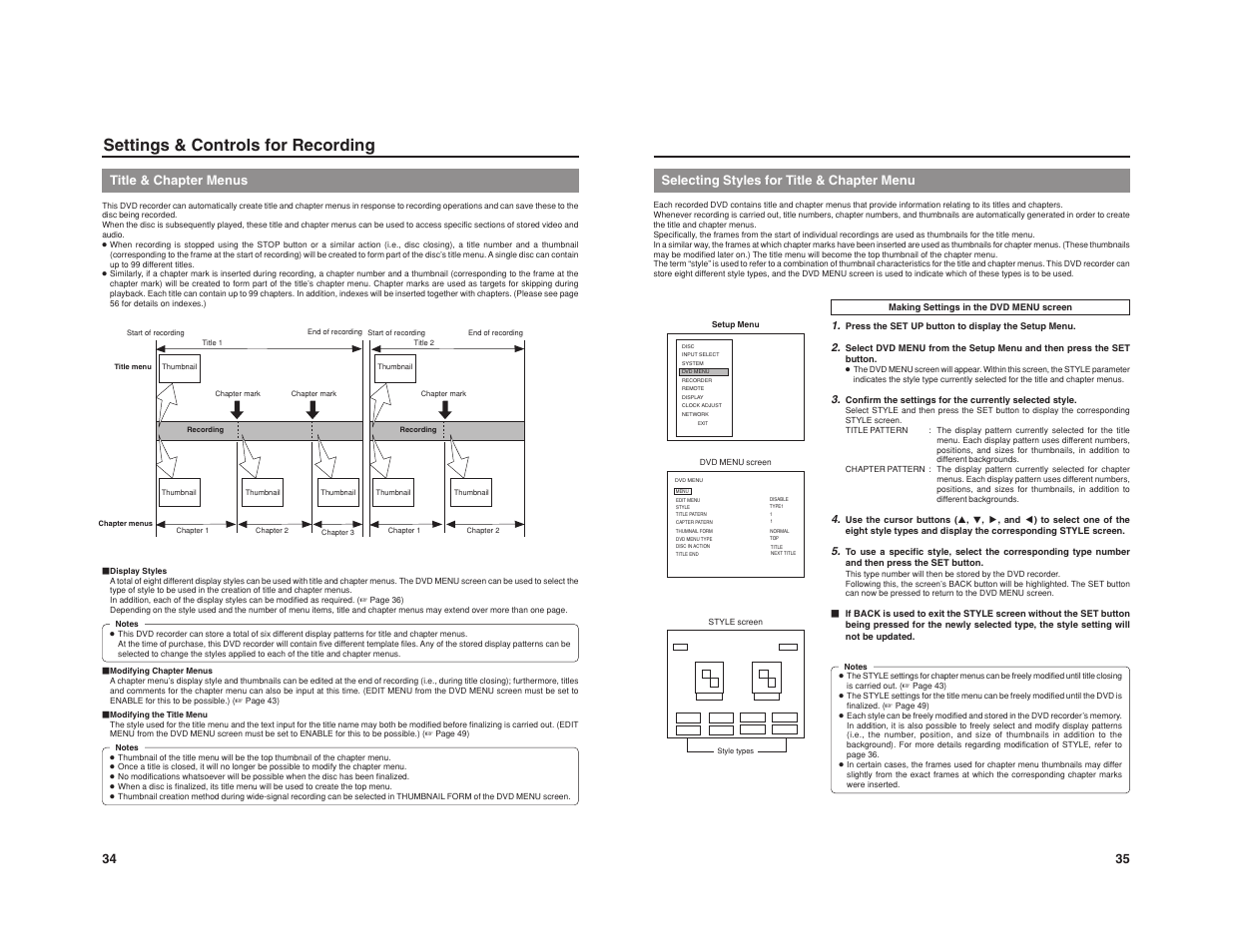 Settings & controls for recording, Title & chapter menus, 35 selecting styles for title & chapter menu | JVC BD-X201M User Manual | Page 23 / 45