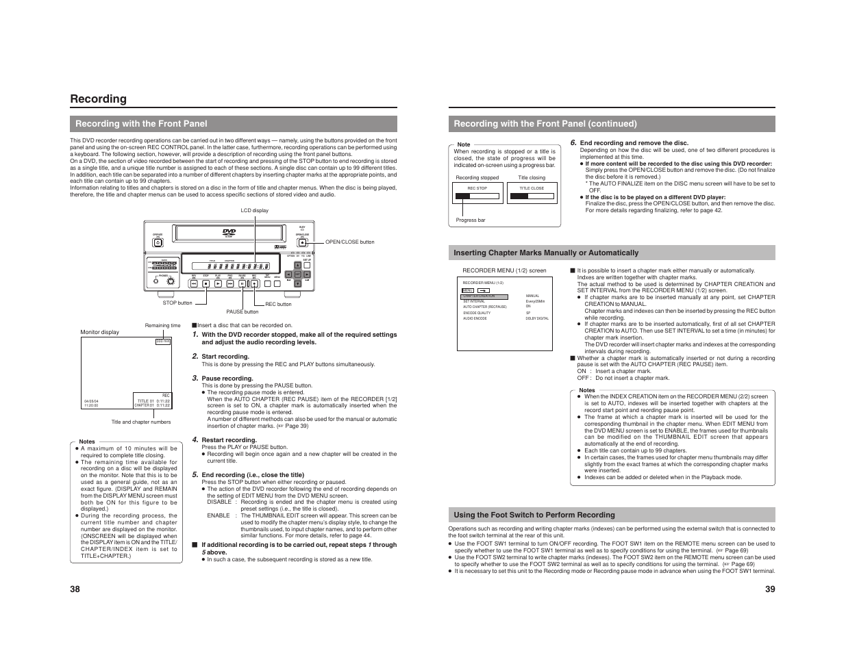 Dolby digital lpcm mpeg, Recording, 38 recording with the front panel | 39 recording with the front panel (continued) | JVC BD-X201M User Manual | Page 25 / 45