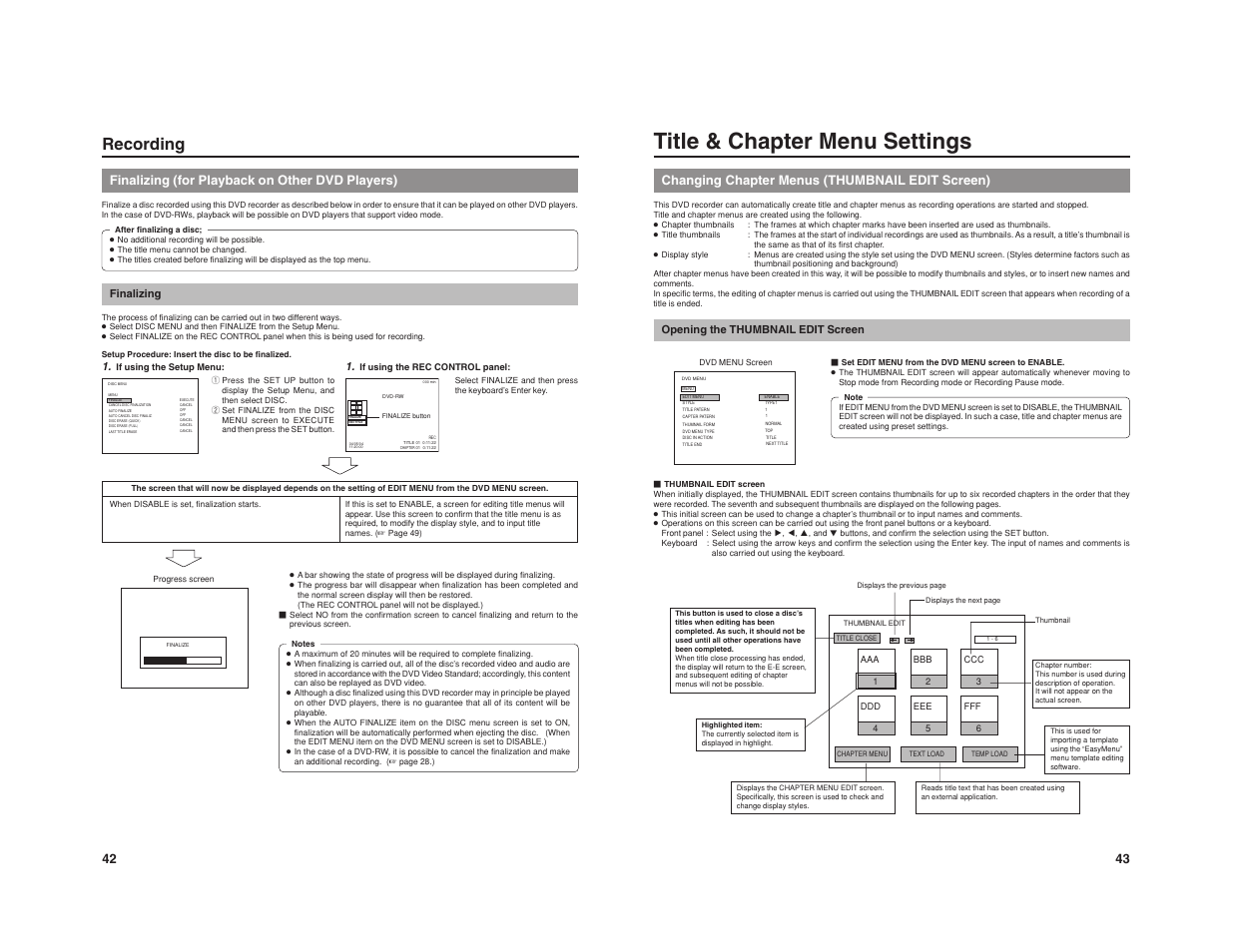 Title & chapter menu settings, Recording, Finalizing (for playback on other dvd players) | 43 changing chapter menus (thumbnail edit screen) | JVC BD-X201M User Manual | Page 27 / 45
