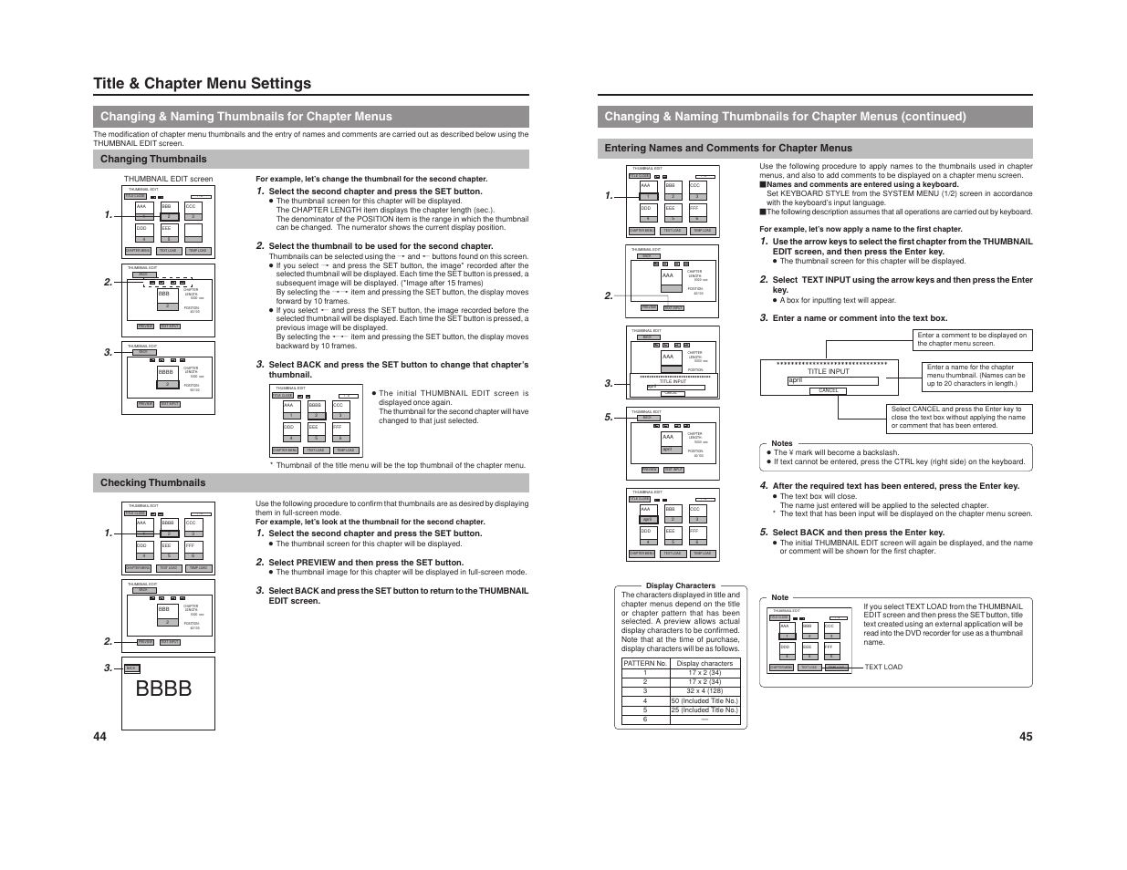 Title & chapter menu settings, Changing & naming thumbnails for chapter menus, Changing thumbnails | Checking thumbnails, Entering names and comments for chapter menus | JVC BD-X201M User Manual | Page 28 / 45