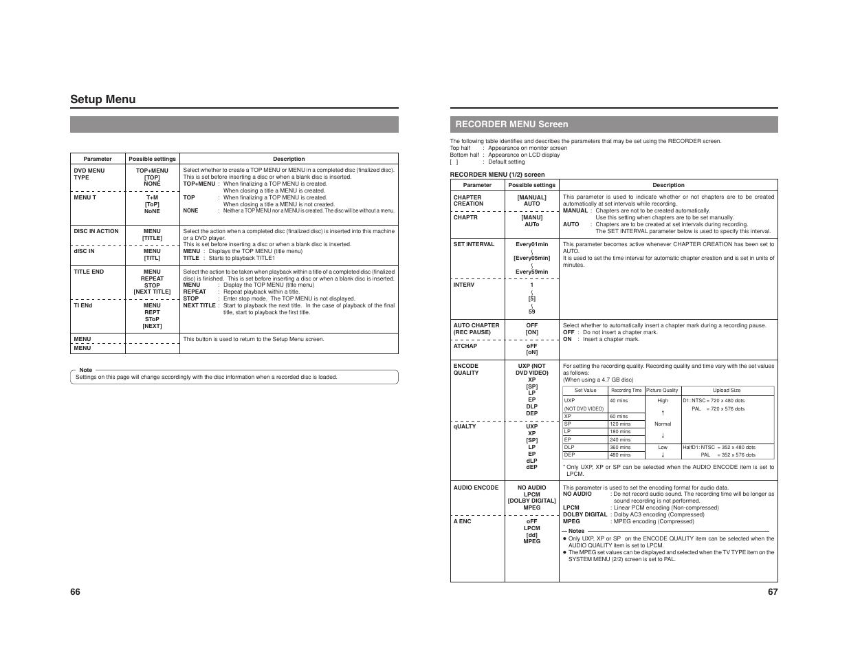 Setup menu, Recorder menu screen | JVC BD-X201M User Manual | Page 39 / 45