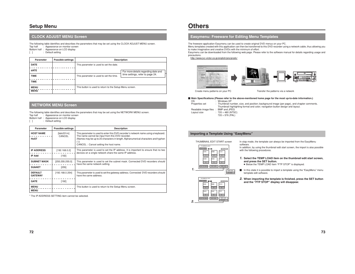 Others, Setup menu, 72 clock adjust menu screen | Network menu screen, 73 easymenu: freeware for editing menu templates | JVC BD-X201M User Manual | Page 42 / 45