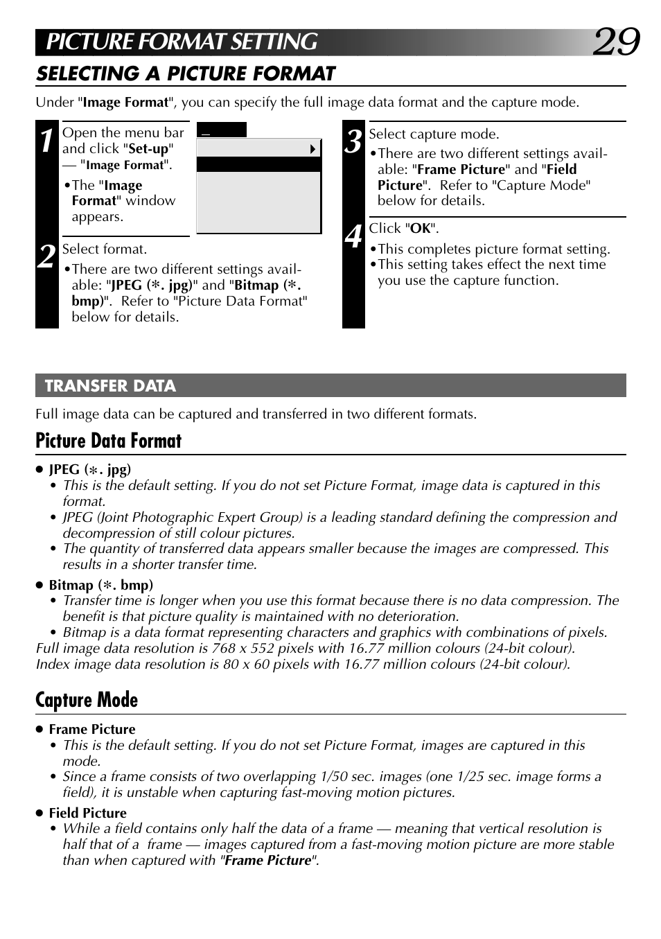 Picture format setting, Picture data format, Capture mode | JVC 0397MKV*UN*SN User Manual | Page 29 / 68