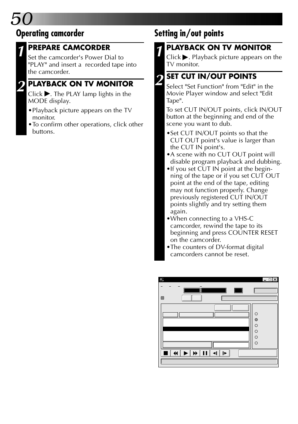 Setting in/out points, Operating camcorder, Playback on tv monitor | Set cut in/out points, Prepare camcorder | JVC 0397MKV*UN*SN User Manual | Page 50 / 68