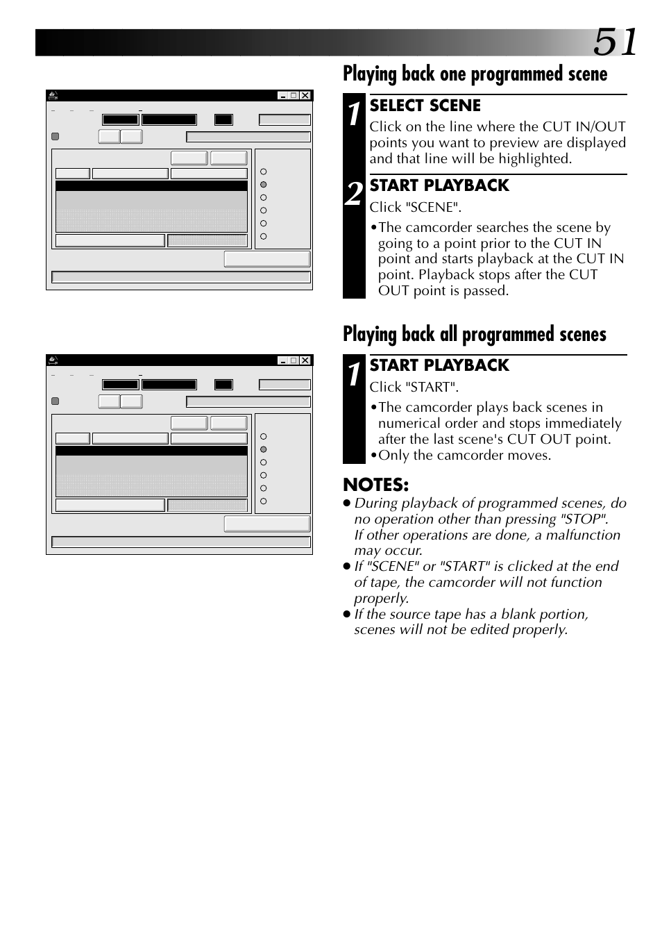 Playing back all programmed scenes, Playing back one programmed scene, Start playback | Select scene | JVC 0397MKV*UN*SN User Manual | Page 51 / 68