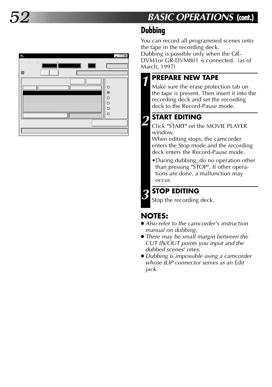 Basic operations, Cont.) dubbing, Prepare new tape | Start editing, Stop editing | JVC 0397MKV*UN*SN User Manual | Page 52 / 68