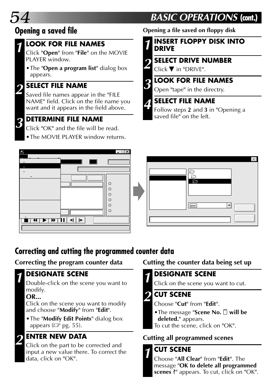 Basic operations, Cont.), Opening a saved file | Correcting and cutting the programmed counter data | JVC 0397MKV*UN*SN User Manual | Page 54 / 68