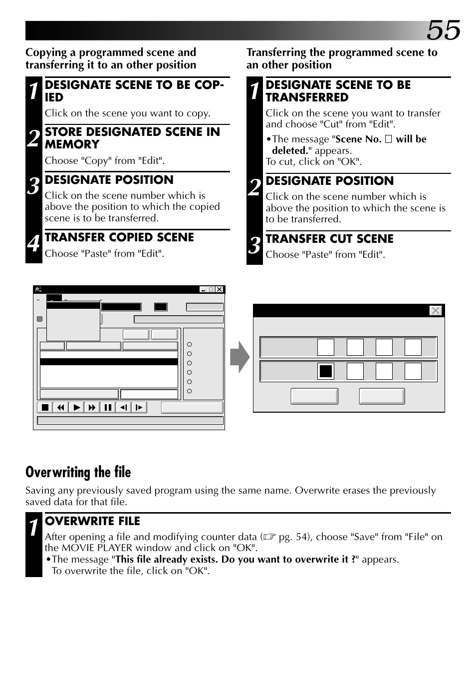 Overwriting the file, Designate scene to be transferred, Designate position | Transfer cut scene, Overwrite file, Designate scene to be cop- ied, Transfer copied scene | JVC 0397MKV*UN*SN User Manual | Page 55 / 68