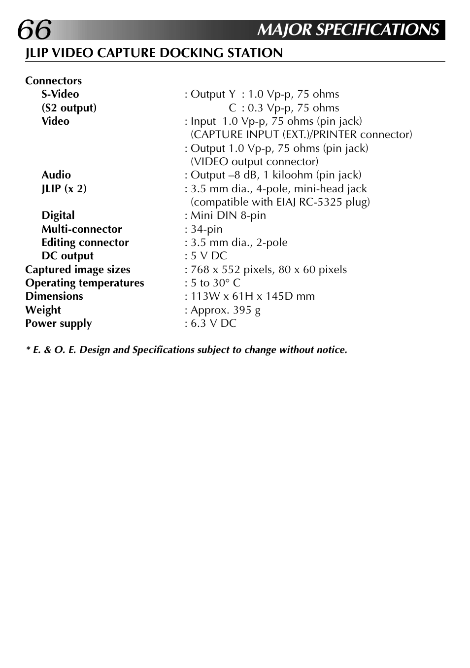 Major specifications, Jlip video capture docking station | JVC 0397MKV*UN*SN User Manual | Page 66 / 68