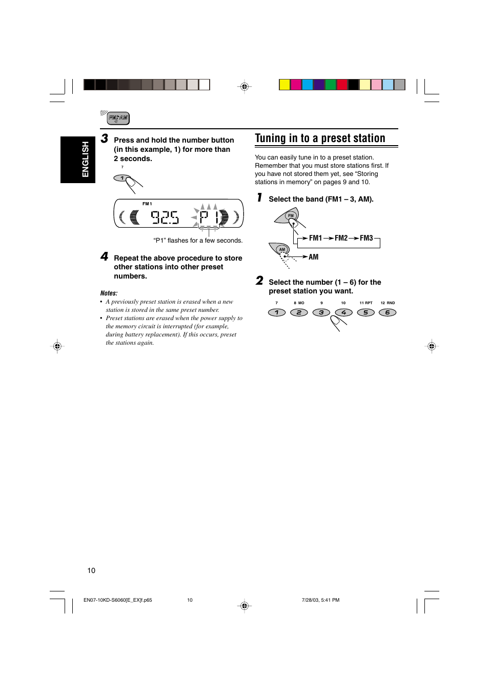 Tuning in to a preset station, English | JVC KD-S6060 User Manual | Page 10 / 82