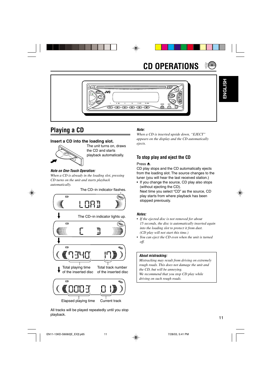 Cd operations, Playing a cd, English | Insert a cd into the loading slot | JVC KD-S6060 User Manual | Page 11 / 82