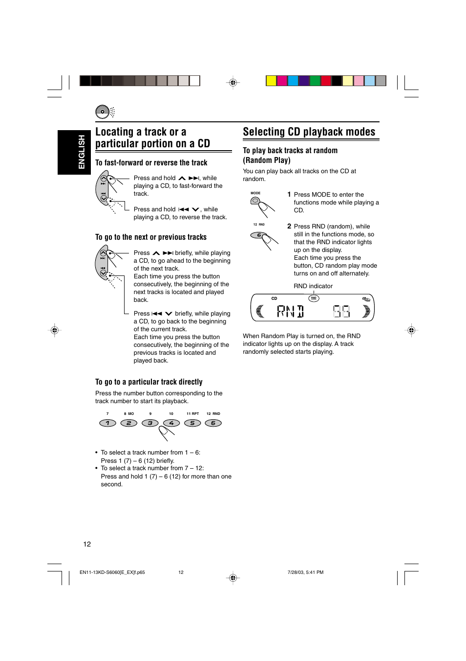 Locating a track or a particular portion on a cd, Selecting cd playback modes, English | JVC KD-S6060 User Manual | Page 12 / 82