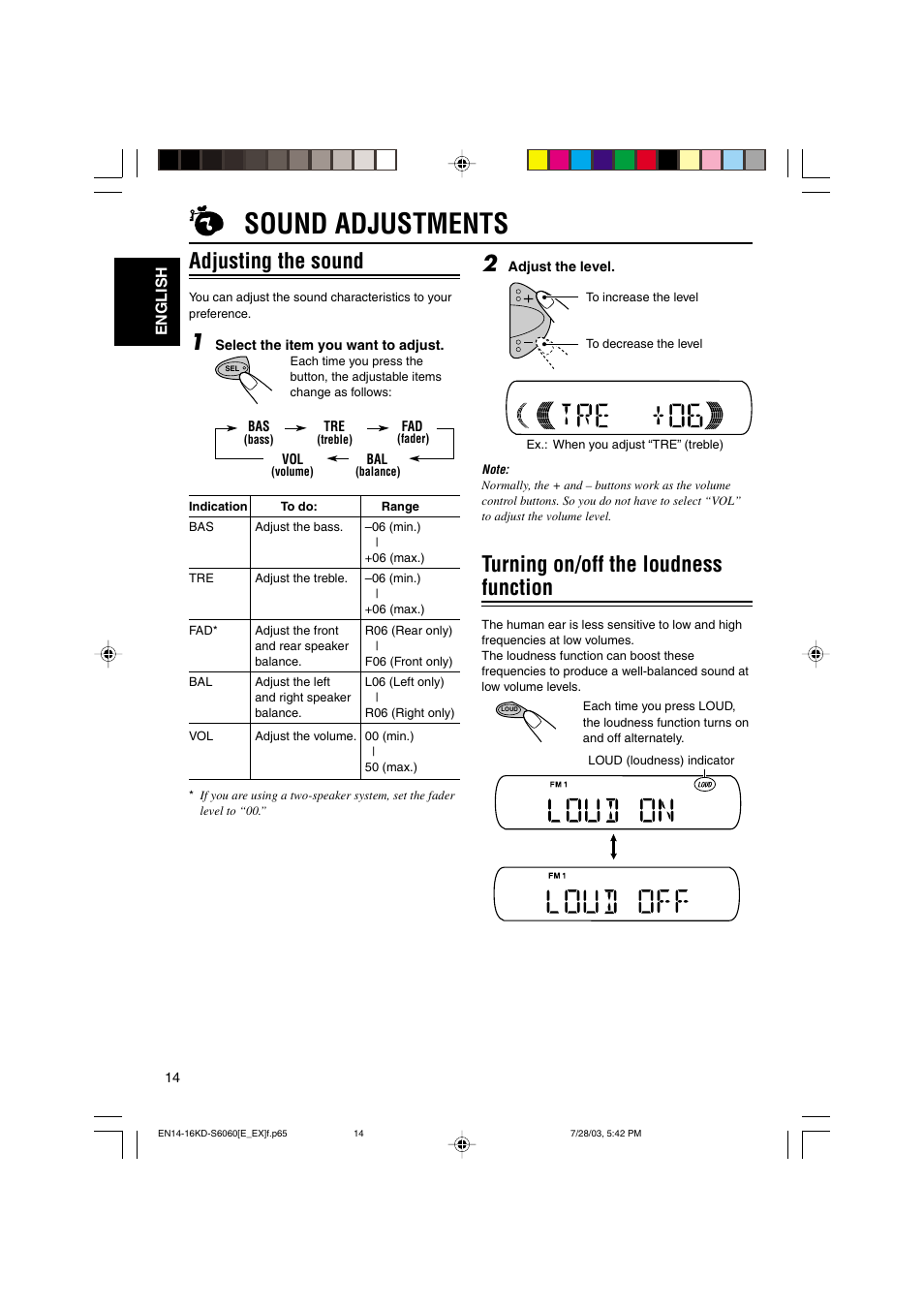 Sound adjustments, Adjusting the sound, Turning on/off the loudness function | JVC KD-S6060 User Manual | Page 14 / 82