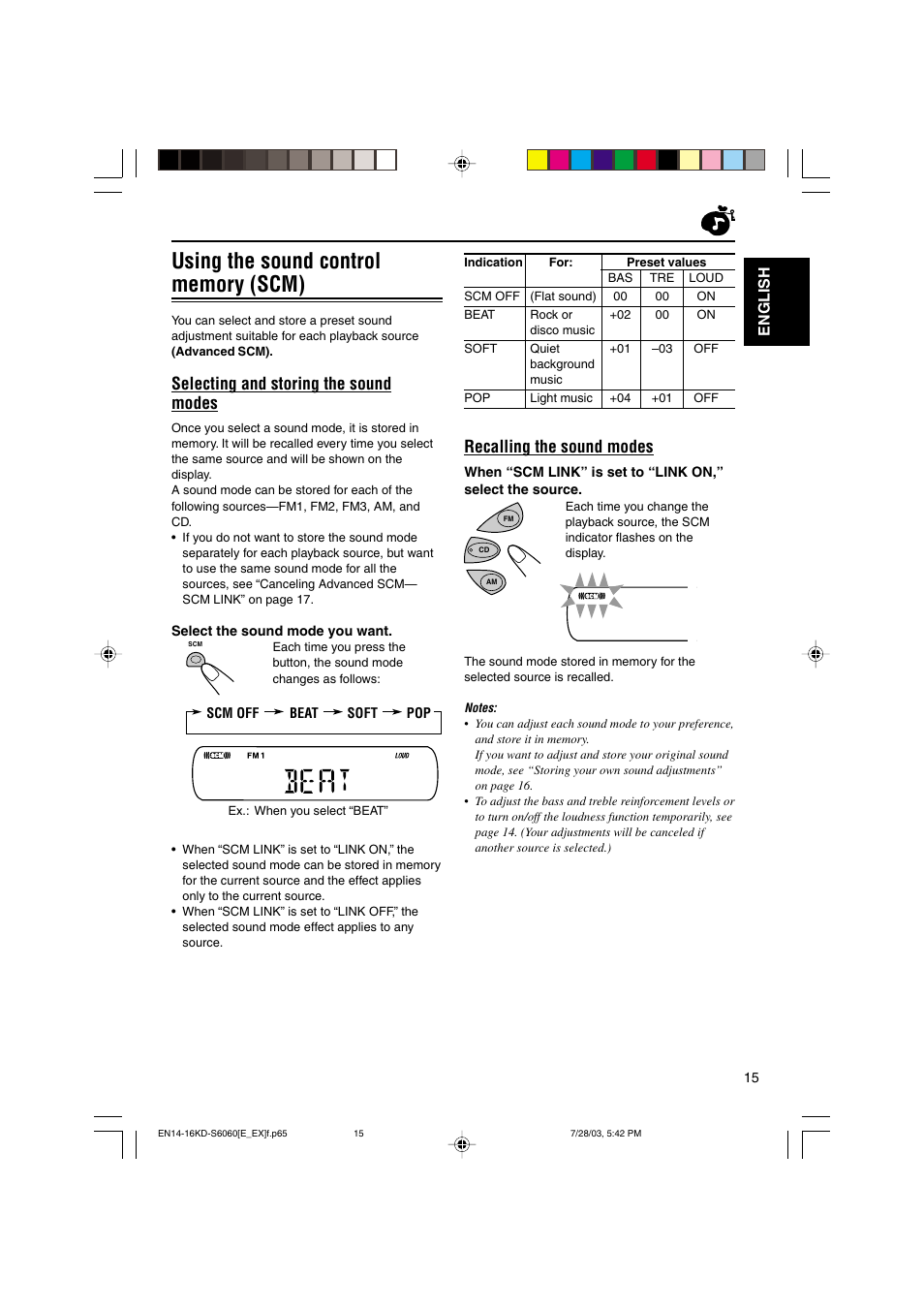 Recalling the sound modes, Selecting and storing the sound modes, English | JVC KD-S6060 User Manual | Page 15 / 82