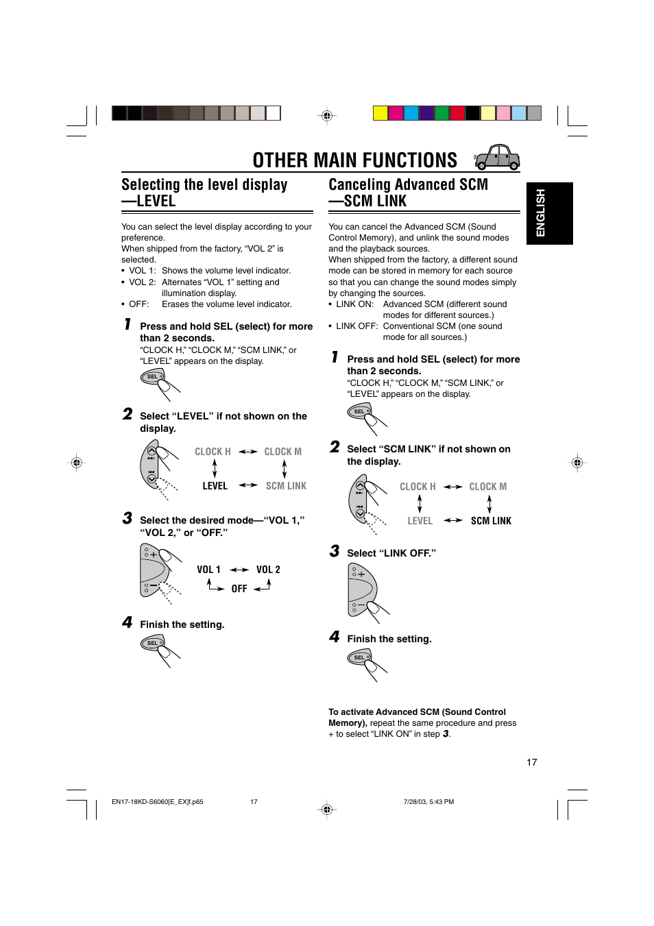 Other main functions, Selecting the level display —level, Canceling advanced scm —scm link | JVC KD-S6060 User Manual | Page 17 / 82