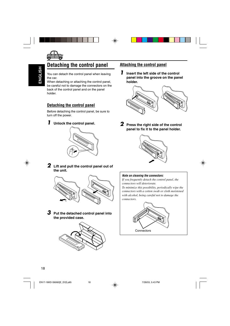 Detaching the control panel | JVC KD-S6060 User Manual | Page 18 / 82