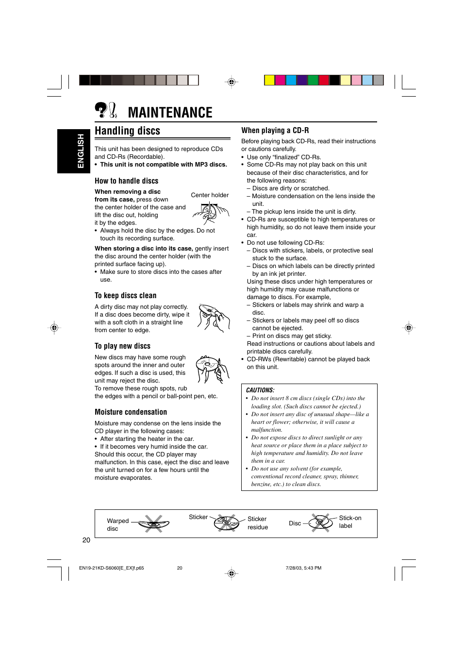 Maintenance, Handling discs | JVC KD-S6060 User Manual | Page 20 / 82