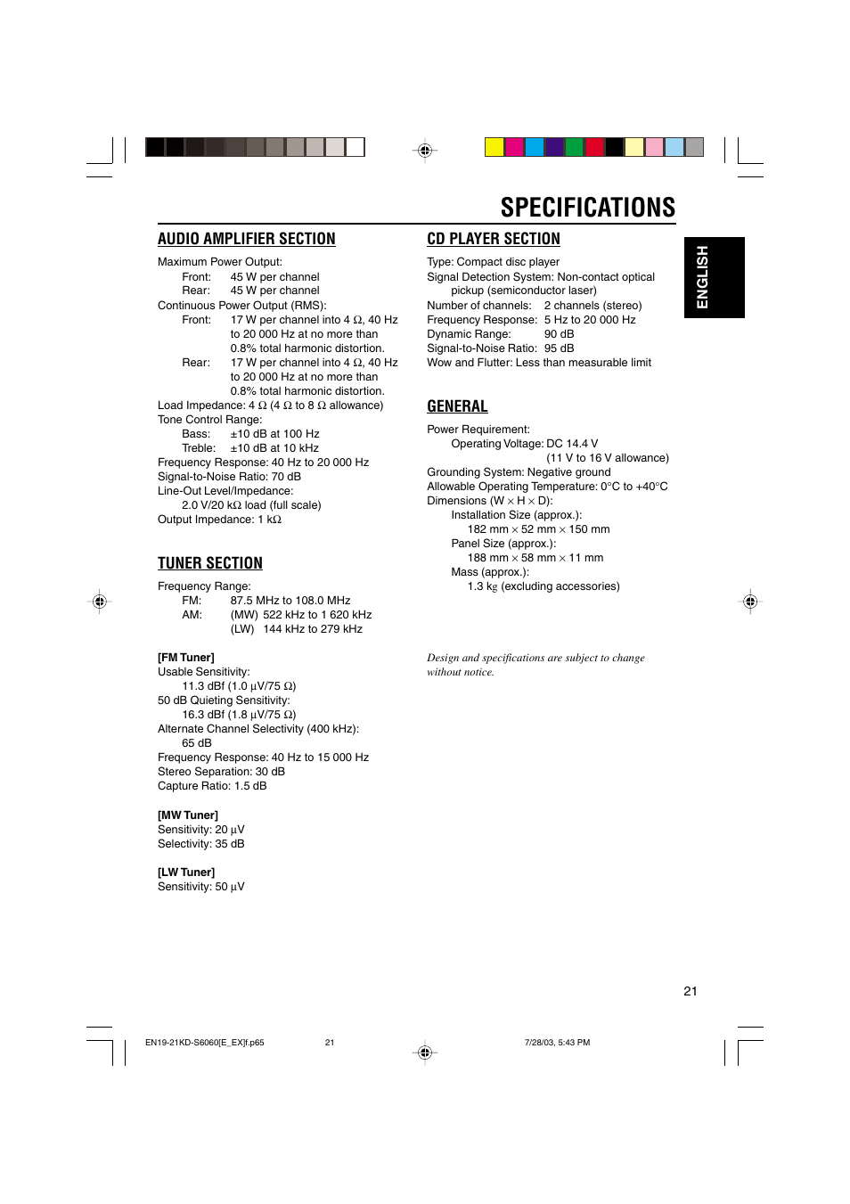 Specifications, General, English | JVC KD-S6060 User Manual | Page 21 / 82