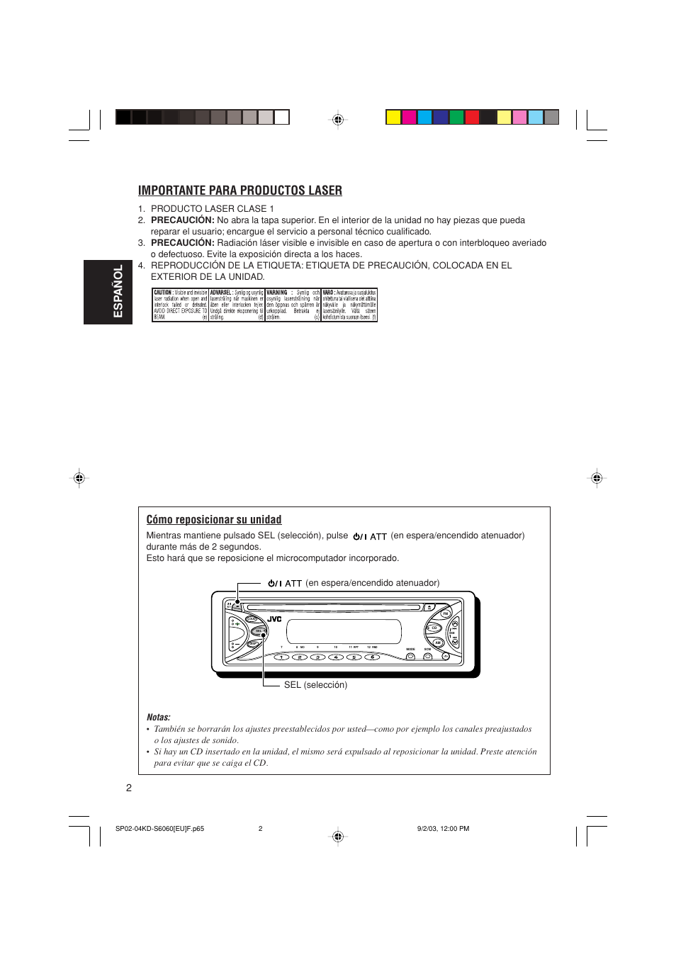 Importante para productos laser, Esp añol, Cómo reposicionar su unidad | Notas | JVC KD-S6060 User Manual | Page 22 / 82