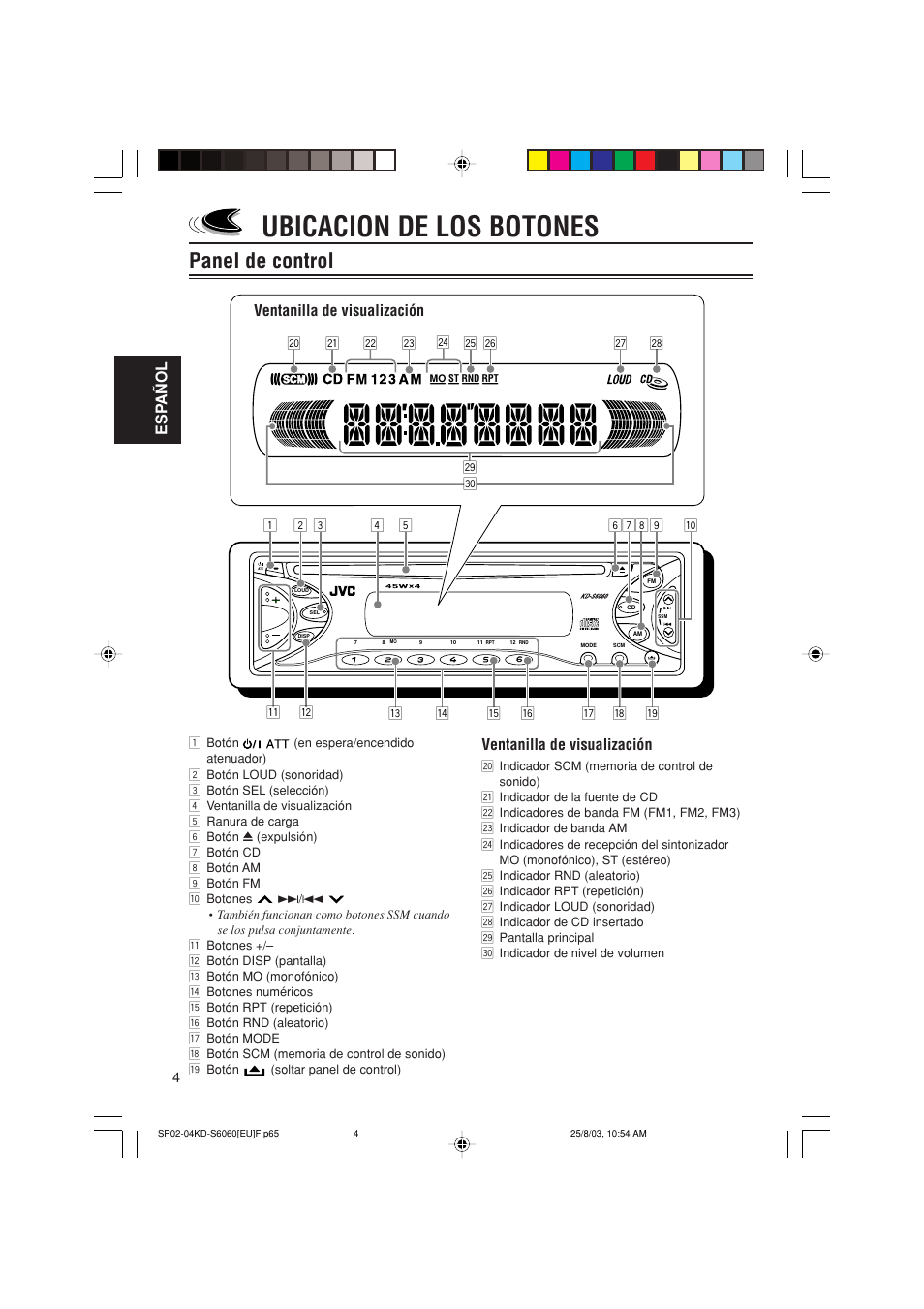 Ubicacion de los botones, Panel de control, Esp a ñ ol | Ventanilla de visualización | JVC KD-S6060 User Manual | Page 24 / 82