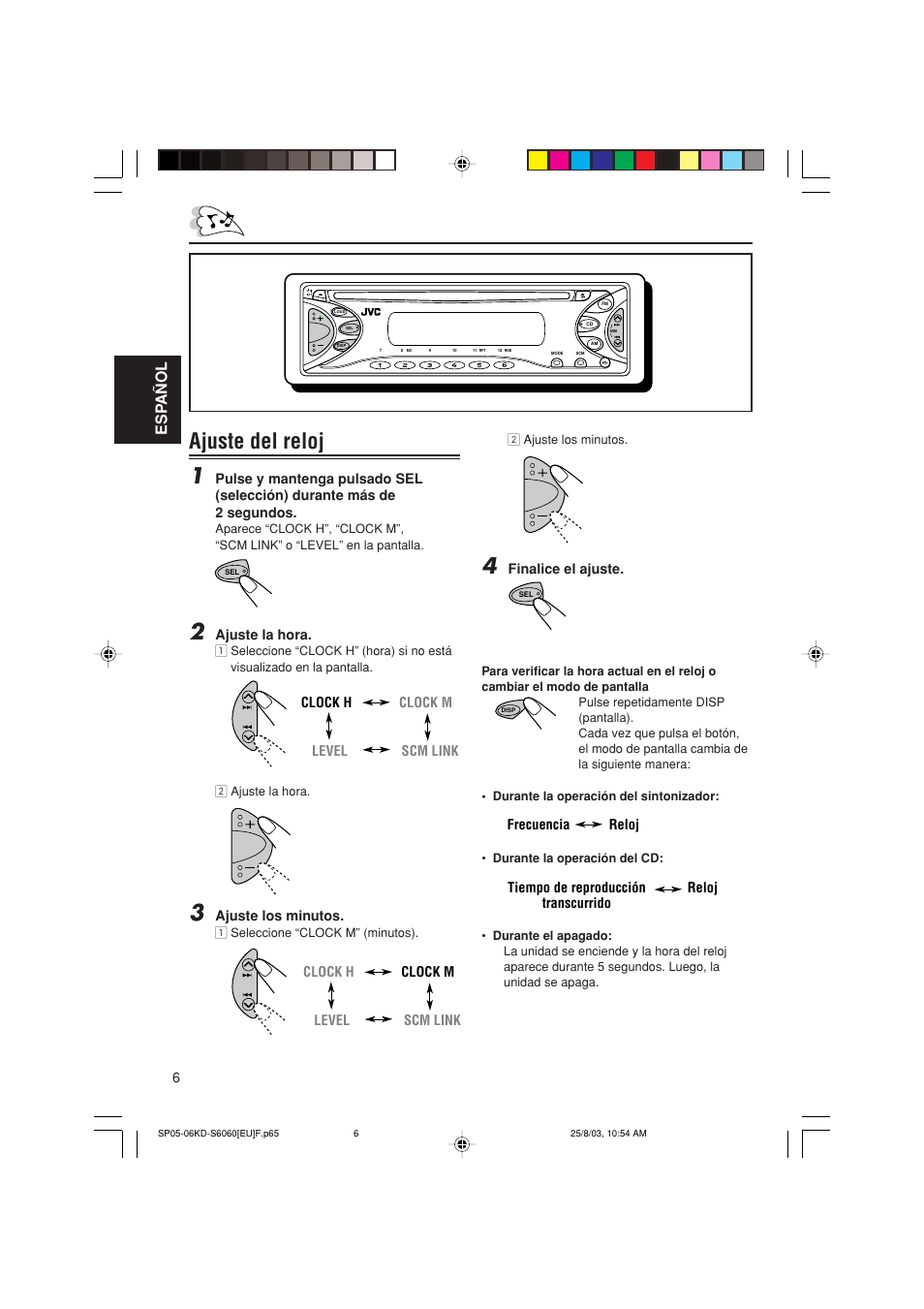 Ajuste del reloj 1, Esp a ñ ol | JVC KD-S6060 User Manual | Page 26 / 82