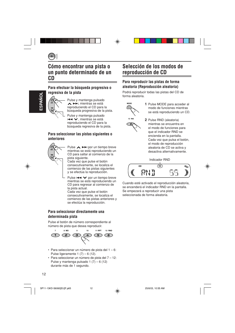 Selección de los modos de reproducción de cd, Esp a ñ ol | JVC KD-S6060 User Manual | Page 32 / 82