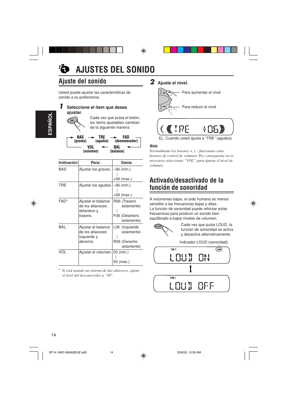 Ajustes del sonido, Ajuste del sonido, Activado/desactivado de la función de sonoridad | JVC KD-S6060 User Manual | Page 34 / 82