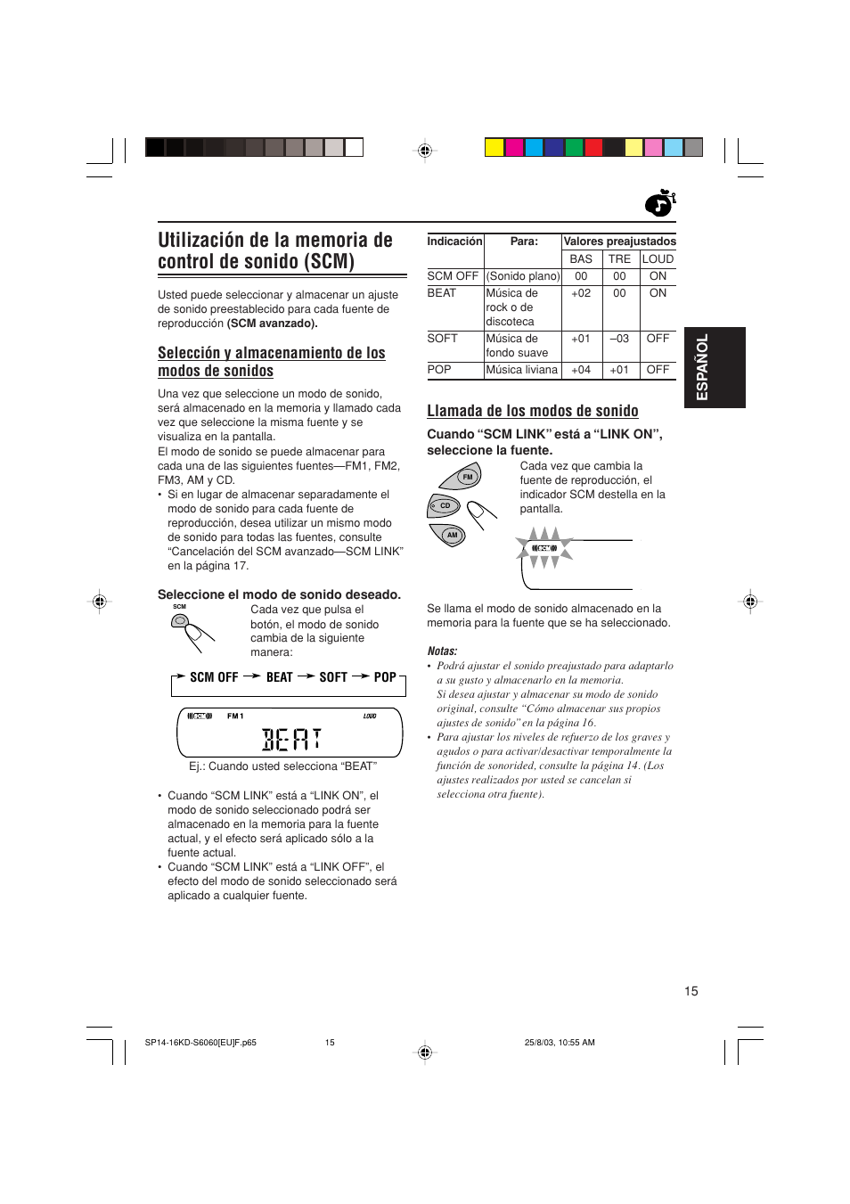 Llamada de los modos de sonido, Selección y almacenamiento de los modos de sonidos, Esp a ñ ol | JVC KD-S6060 User Manual | Page 35 / 82