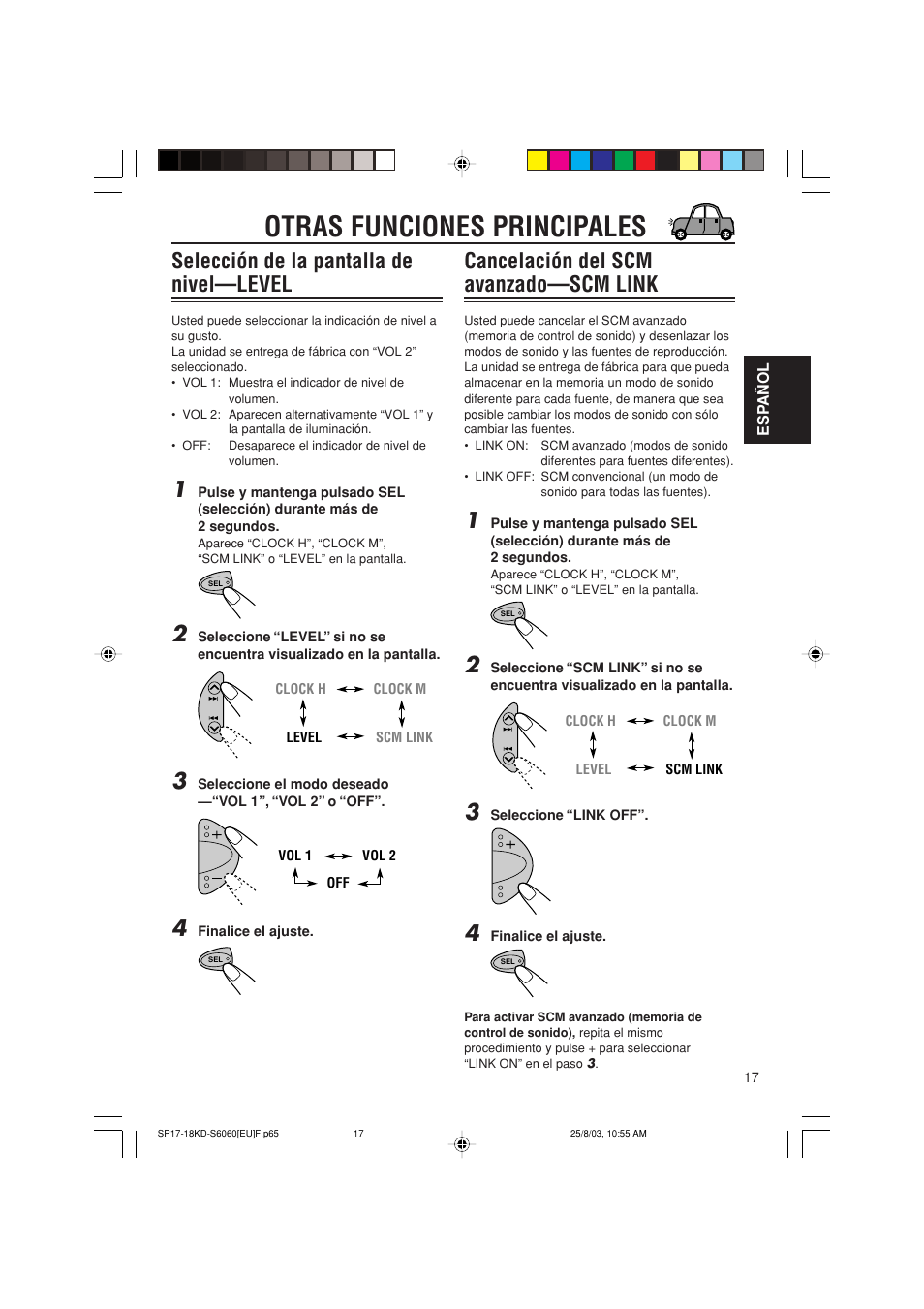 Otras funciones principales, Selección de la pantalla de nivel—level, Cancelación del scm avanzado—scm link | JVC KD-S6060 User Manual | Page 37 / 82