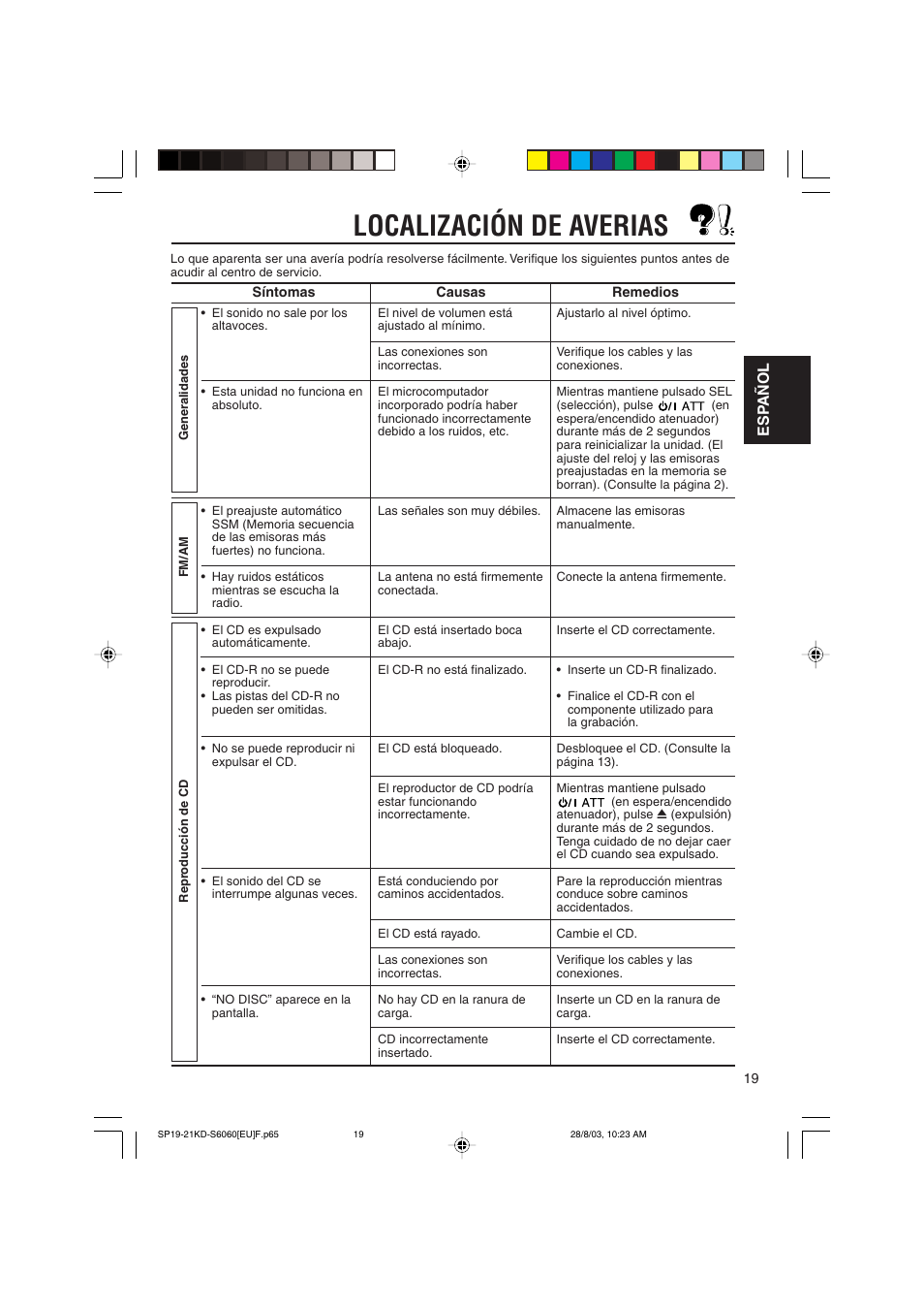 Localización de averias, Esp añol | JVC KD-S6060 User Manual | Page 39 / 82