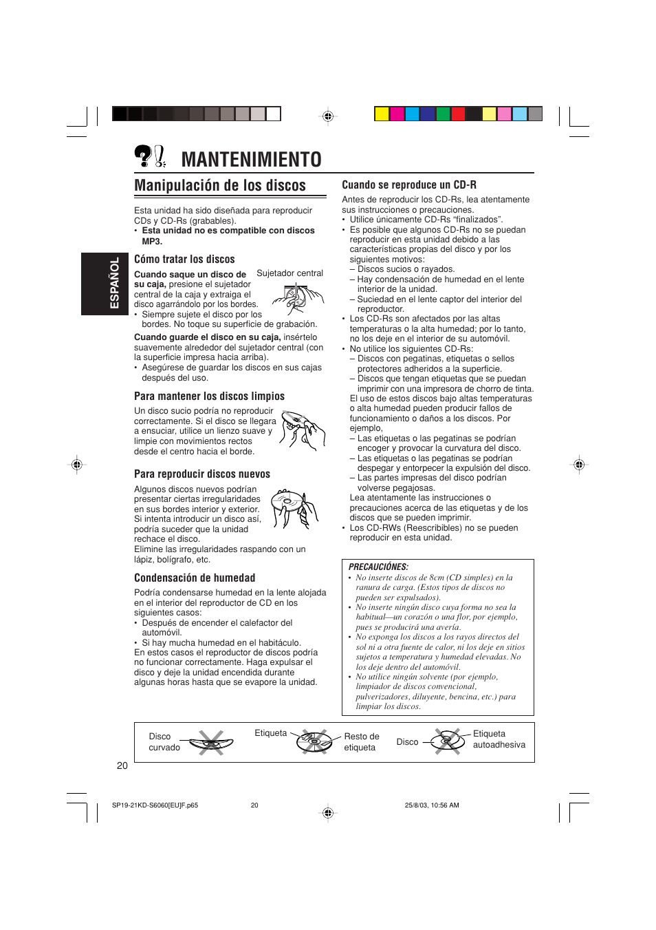 Mantenimiento, Manipulación de los discos | JVC KD-S6060 User Manual | Page 40 / 82