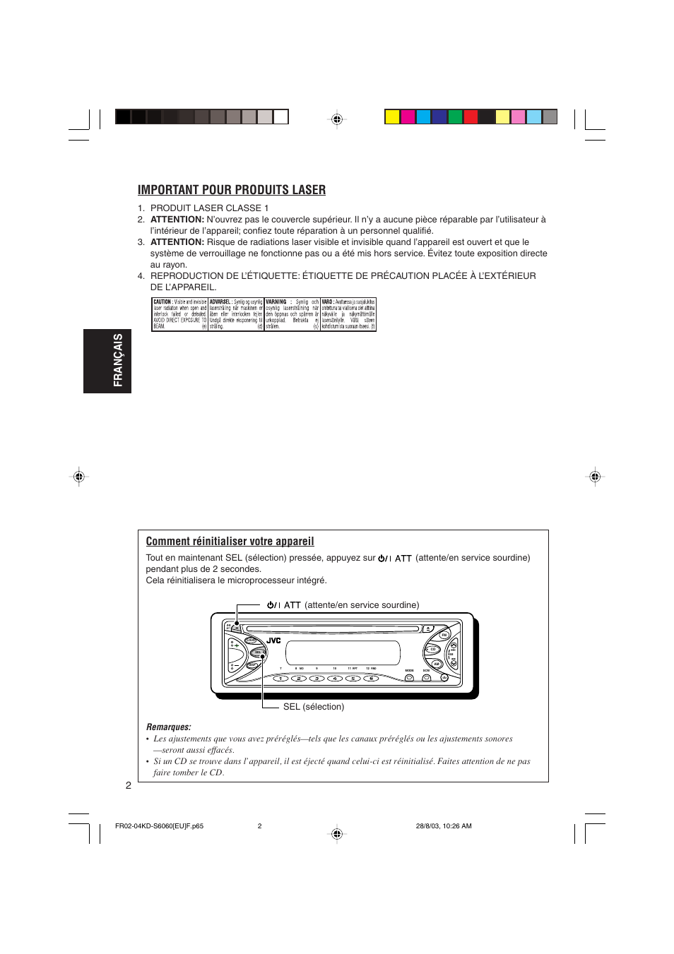 Important pour produits laser, Français, Comment réinitialiser votre appareil | Remarques | JVC KD-S6060 User Manual | Page 42 / 82