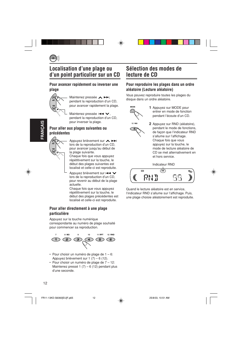 Sélection des modes de lecture de cd, Fran ç ais | JVC KD-S6060 User Manual | Page 52 / 82