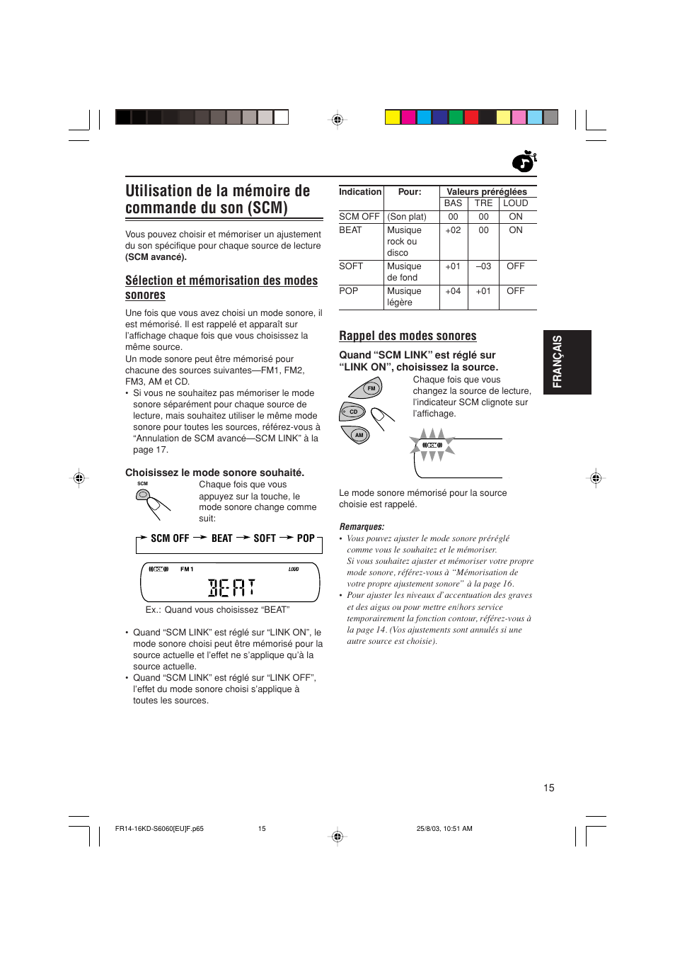 Utilisation de la mémoire de commande du son (scm), Rappel des modes sonores, Sélection et mémorisation des modes sonores | Fran ç ais | JVC KD-S6060 User Manual | Page 55 / 82