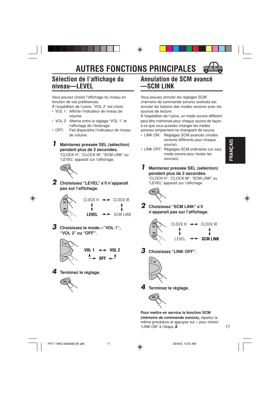 Autres fonctions principales, Sélection de l’affichage du niveau—level, Annulation de scm avancé —scm link | JVC KD-S6060 User Manual | Page 57 / 82