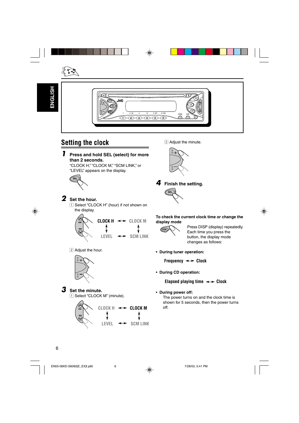 Setting the clock 1, English | JVC KD-S6060 User Manual | Page 6 / 82