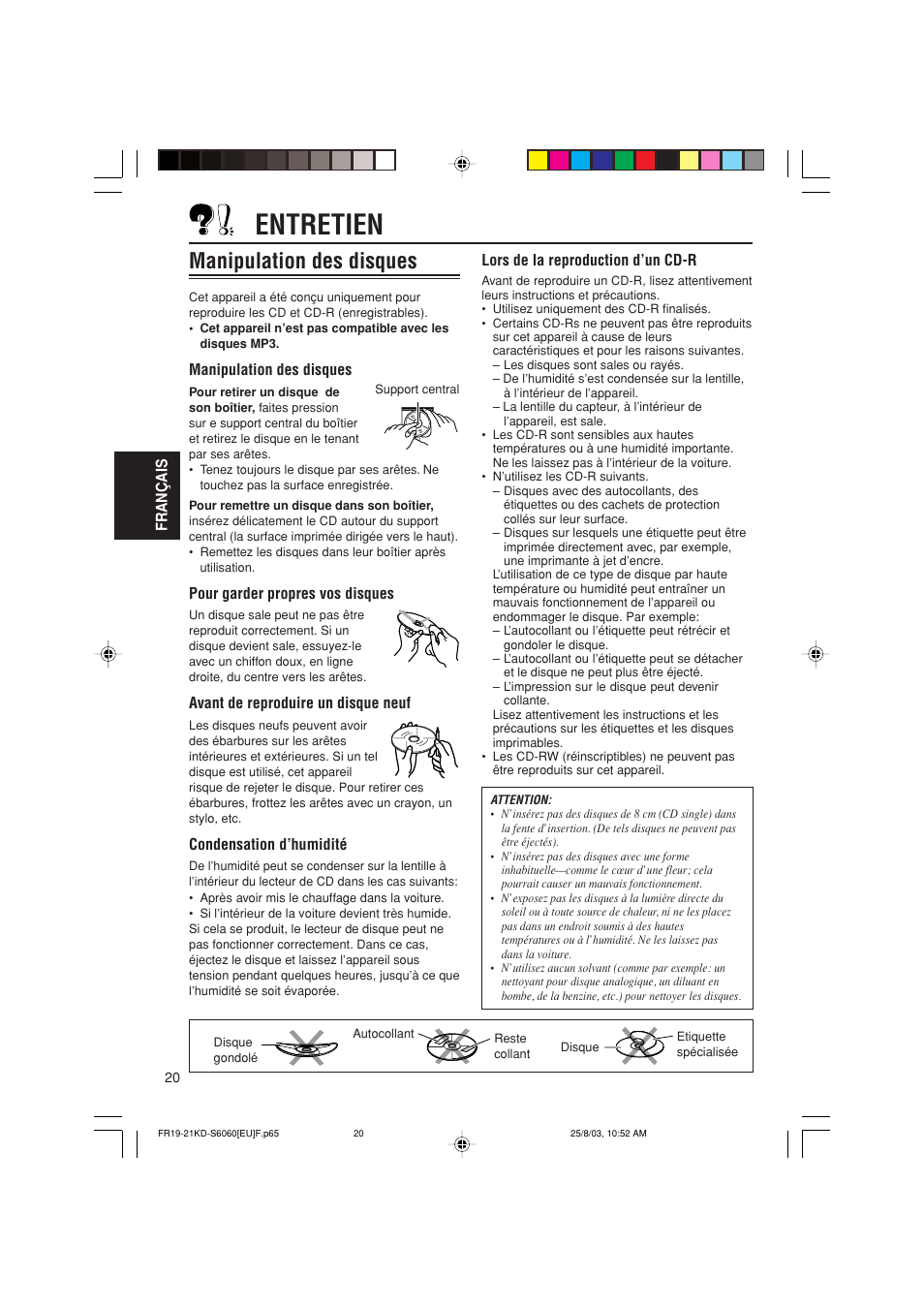 Entretien, Manipulation des disques | JVC KD-S6060 User Manual | Page 60 / 82