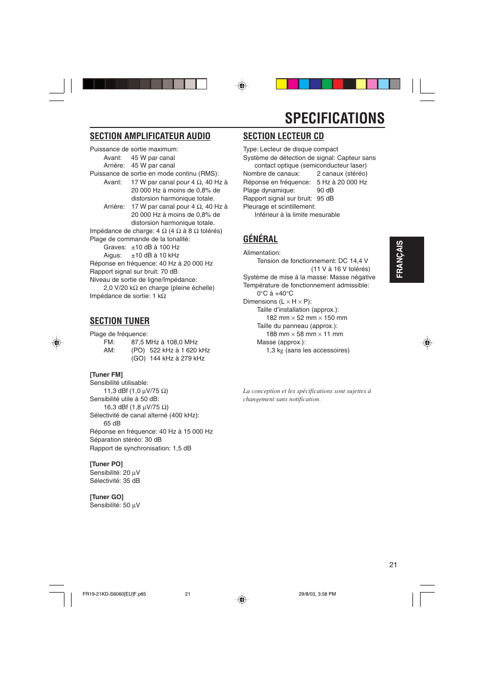 Specifications, Général, Français | JVC KD-S6060 User Manual | Page 61 / 82